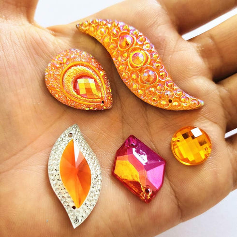 50PCS Special Effect Different Shapes Mirror AB Gems Sew On Rhinestones Faceted for Handicrafts Clothing Dress Decorations (Orange 1)...