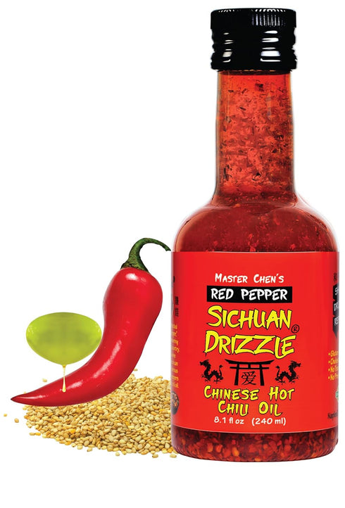 Sichuan Drizzle Chinese Chili Oil - Condiment & Ingredient, Premium EVOO, Toasted Sesame Oil and Hot Chili Flakes. Rice & Noodles' Condiment, Soup...