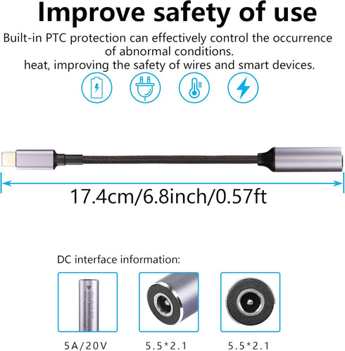 SinLoon PD 100W Laptop Charger Adapter Cable DC 5.5mm x 2.1mm Female Input to USB Type C Male Power Charging Cable DC5521 to USB C Cable with PD A...