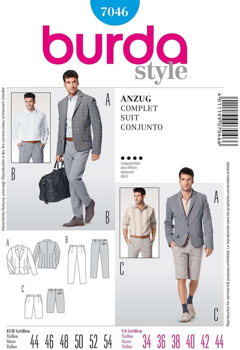BURDA STYLE 7046 MEN'S SUIT - JACKET, SHORTS & PANTS SEWING PATTERN MEN'S SIZES: 34 36 38 40 42 44...