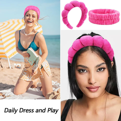 VELSCRUN 6 Pcs Rose Pink Bubble Puffy Sponge Spa Headband Wristband Set, Spa Headbands for Wash Face, Makeup Headband, Facial Skincare Headbands W...