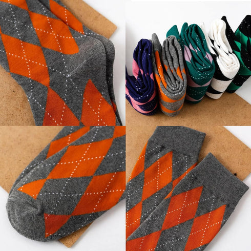 Argyle Socks Retro High Ankle Women 5 Pairs British Style Cute Plaid Mid-calf Casual Crew Socks...