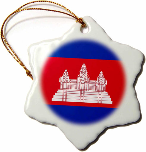 3dRose orn_158274_1 Flag of Cambodia-Cambodian Red Blue with White Angkor Wat Hindu Buddhist Temple-Red-Snowflake Ornament, Porcelain, 3-Inch...