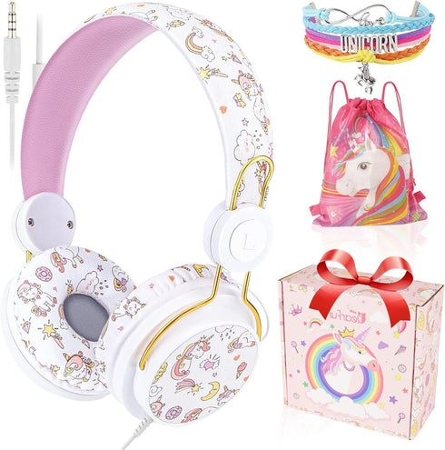 QearFun Unicorn Headphones for Girls Kids for School, Kids Wired Headphones with Microphone & 3.5mm Jack, Teens Toddlers Noise Cancelling Headphon...