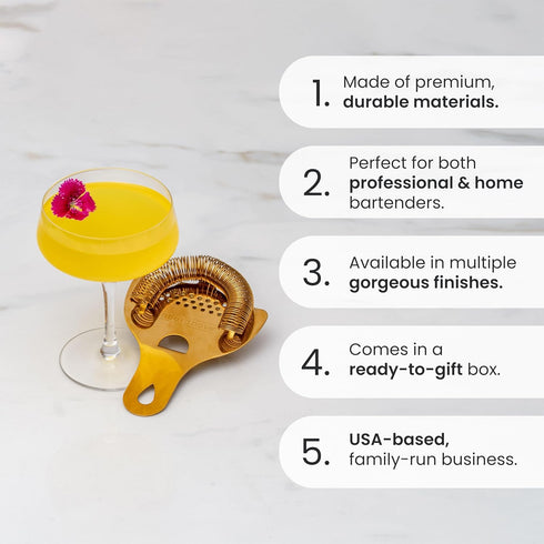 A Bar Above Gold Hawthorne Strainer Cocktail, Stainless Steel Bar Strainer Cocktail, High-Density Spring, Mirrored Gold Finish, Drink Strainer, Co...