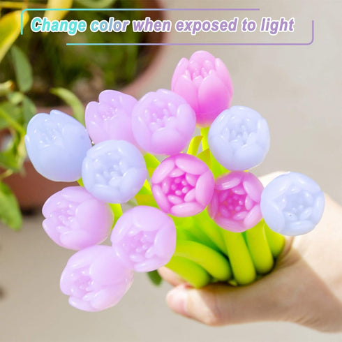 30 Pieces Color Changing Flower Pens, Gel Flower Pens 0.5mm Black Creative Gel Ink Rollerball Pen Tulip Ballpoint Pens Suitable for Home Office Sc...