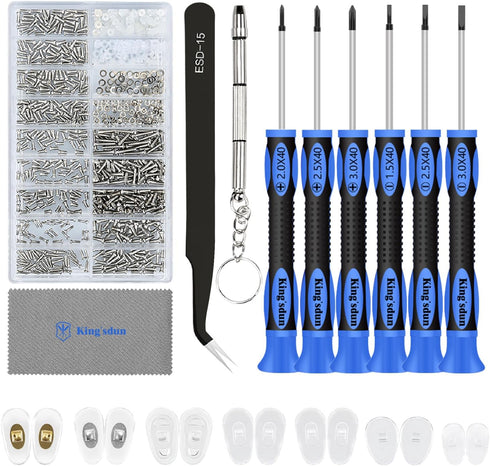Upgrade Eyeglass Repair Kit - 6 Screwdrivers, 1100 Screws, Curved Tweezer, Nose Pads, Washers, Screw Caps, Microfiber Cloth for Eyeglasses, Sungla...