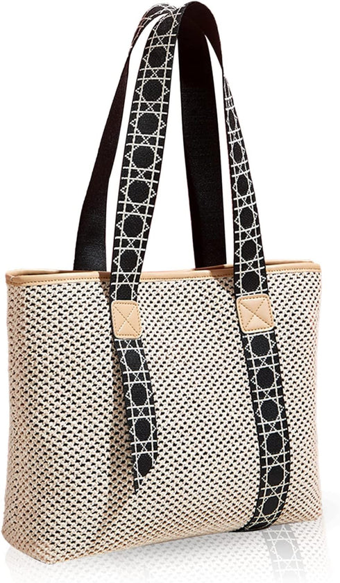 Straw Bag, Beach Bags for Women, Soft Woven Beach Tote Canvas Shoulder Strap, Handmade Rattan Handbag for Vacation...