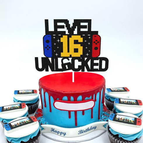 Level 16th Unlocked Sign Cake Topper Happy 16th Birthday Level Up Sixteenth Cake Decorations for Video Game Controller Themed Kids Boy Girl Bday P...