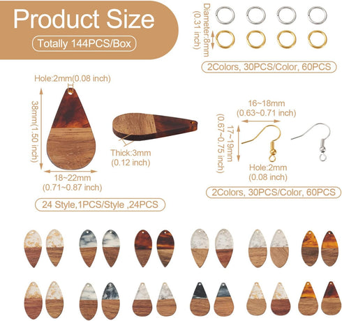 FASHEWELRY Resin Wood Earring Kit with 24Pcs Teardrop Wooden Resin Earring Charms Wood Earring Blanks Earring Findings Open Jump Rings French Earr...