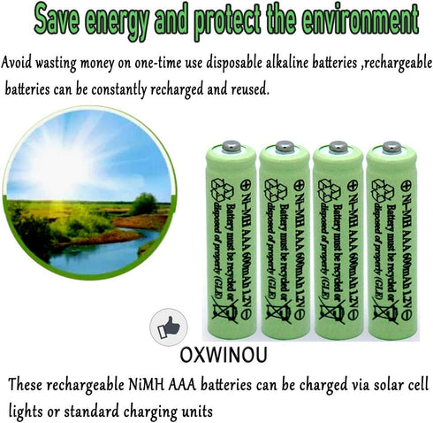 1.2V AAA 600mAh NI-MH Rechargeable Battery for Outdoor Solar Lights,Garden Lights, Remotes, Mice (Green 12 PCS)...