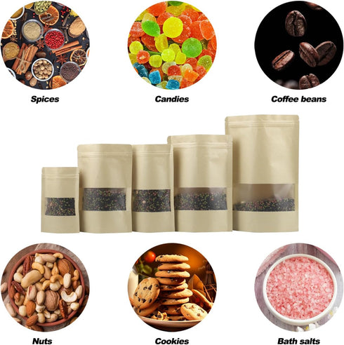 100 Pcs Resealable Kraft Paper Bags,Stand Up Pouches Bags with Matte Window, Zip Lock Food Storage Bags,Scratch Resistant Hand Self Sealing Bags. ...