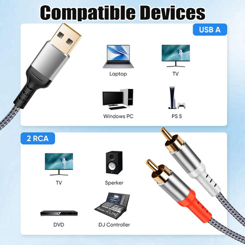 Compatible with USB to RCA Cable Audio Aux Adapter, 6.6FT USB to 2RCA Cable HiFi Stereo Y Splitter for USB A Laptop, Linux, Windows, Desktops, PS4...
