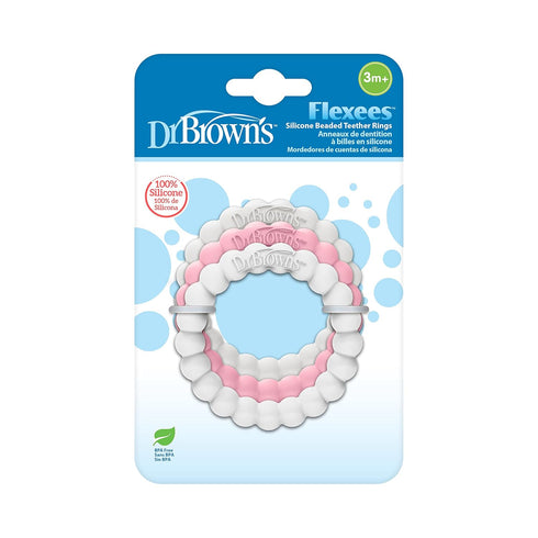 Dr. Brown's Flexees Beaded Teether Rings, 100% Silicone, Soft & Easy to Hold, Encourages Self-Soothe, 3 Pack, Pink, White, Gray, BPA Free, 3m+...