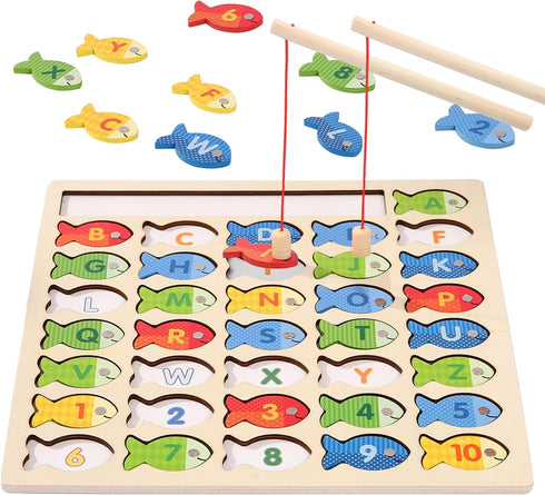 Wooden Magnetic Fishing Game for Toddlers, Montessori Fine Motor Skills Toy with Letters and Numbers, Preschool Learning ABC and Puzzle Birthday T...