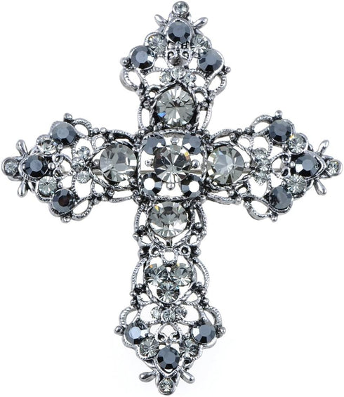 Alilang Silvery Tone Grey Rhinestones Gothic Cutout Cross Brooch Pin...