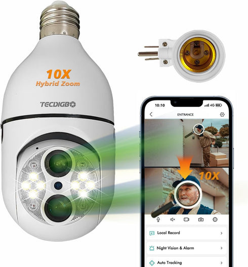 10X Hybrid Zoom Light Bulb Security Camera, 2MP Light Socket Security Camera Outdoor Indoor, Wireless WiFi Home Security Cameras, Full Color Night...