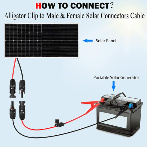 QIANRENON Solar Panel Connector Cable 12AWG Solar Panel Connector to Battery Clip Extension Cable Alligator Clip to Male & Female Solar Connectors...