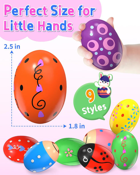9 Pack Wooden Percussion Musical Shake Prefilled Easter Eggs with Toys Inside Filled for 3 4 5 Years Old, Toddlers Easter Basket Stuffers Egg Fill...