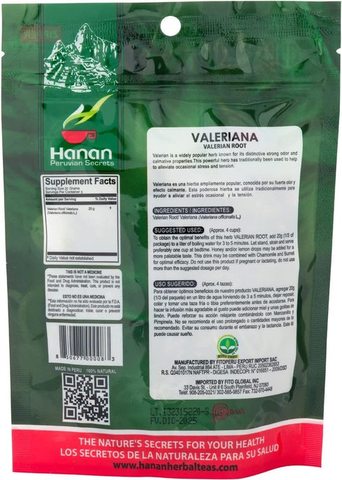 Hanan Valerian Root 2.1oz (60g) - Loose Herb Valeriana Herbal Tea from Peru – Nature’s Calming Supplement 2.12 Ounces per Pouch Valeerian Valerain...