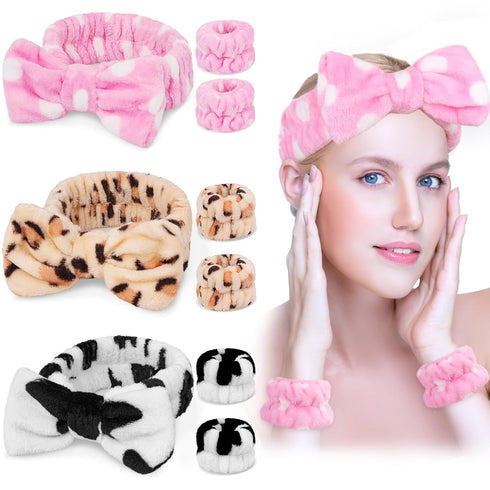 9PCS Coral Headband for Washing Face with Wristband Kit,Bowknot Makeup Headband for Women Girls, Super Soft Spa Headband with Wristband for Face W...
