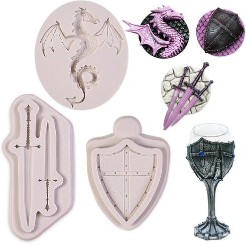 Dragon Silicone Fondant Molds, (3 PACK) Swords Shield Battle Fondant Mold for Thrones Cake, Dragon Cake Decorating Cupcakes, Chocolate, Sugarcraft...