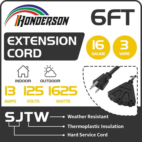 6FT Outdoor Extension Cord with 3 Electrical Power Outlets - 16/3 SJTW Durable Black Cable with 3 Prong Grounded Plug for Safety,Great for Outdoor...