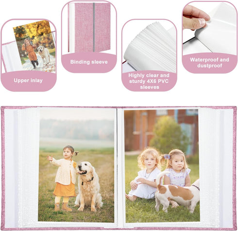 Photo Album 4x6 100 Pockets, Linen Cover Top Loader Vertical, Slip-in Picture Pink Pockets Albums for Wedding, Family, Anniversary, Baby, Vacation...