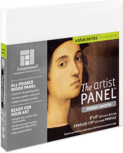 Ampersand Art Supply Wood Gesso Artist Painting Panel: Primed Smooth, 8" x 8", 7/8" Cradled Profile...