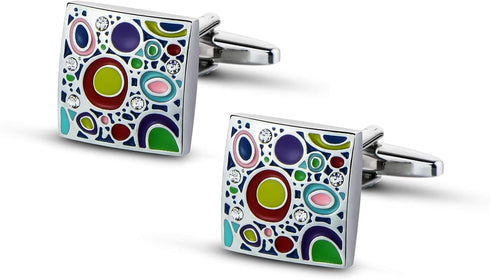 Silver Plated Cufflinks for Men Colorful Rainbow Crystal Cuff Links Wedding Gift...