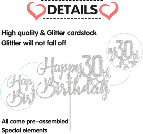 Silver Glitter Happy 30th Birthday Cake Topper - 30th Birthday Cake Topper, 30th Birthday Party Decoration...