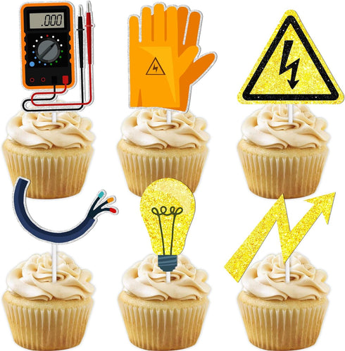 18pcs Gold Glitter Tools Dessert Cupcake Topper Power Electrician Lineman Theme Decor Supplies Boy Man Happy Birthday Party Decorations...