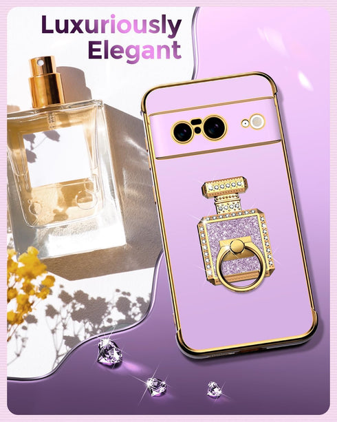 Silverback for Pixel 8 Case with Stand, Phone Case with Ring & Mirror Kickstand, Women Girls Bling Luxury Cover for Google Pixel 8, Purple...