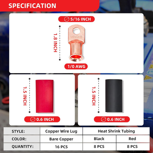 RED WOLF 1/0 AWG - 5/16" Battery Cable End Copper Wire Ring Terminal Connector Lug w/3:1 Ratio Heat Shrink Tubing Black Red, 16 PCS Marine Grade R...
