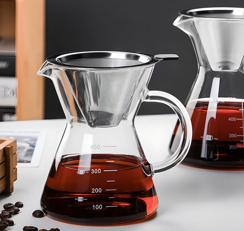 Pour Over Coffee Maker with Reusable Stainless Steel Drip Filter, Glass Drip Coffee Maker Set, Lead-Free Borosilicate Glass Coffee Carafe for 1-2C...