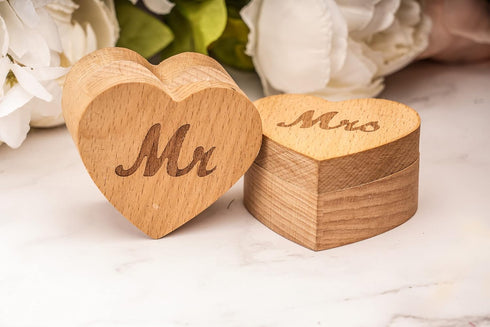 Strova Heart Shaped Wooden Ring Box for Wedding Rings – Set of 2 with Engraved Mr. & Mrs. Lettering – Ring Bearer Box for Display or Personal Orga...