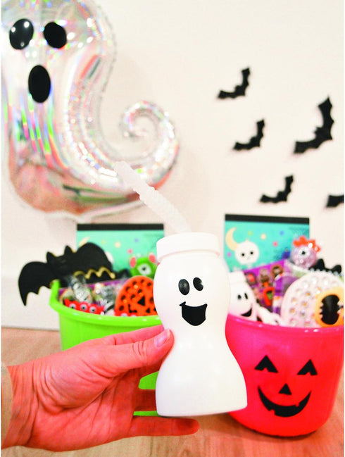 Fun Express Set of 12 Pieces Ghost Shape Cups with Straw for Halloween, Holds 8 oz, BPA Free Plastic, Kids Party Supplies, White...