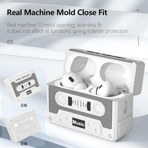 Case Cover Compatible with AirPods Pro Case 2023/2022/2019, Case with Cleaner Kit Lanyard, Cassette Tape Design Soft Silicone Cover, Shock-Absorbi...
