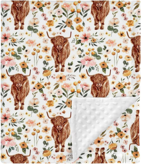 Highland Cow Floral Minky Baby Blanket Dotted Backing Girl, Boho Western Farm Animal Yak Flower Double Layer Nursery Bed Blankets, Soft Plush Newb...