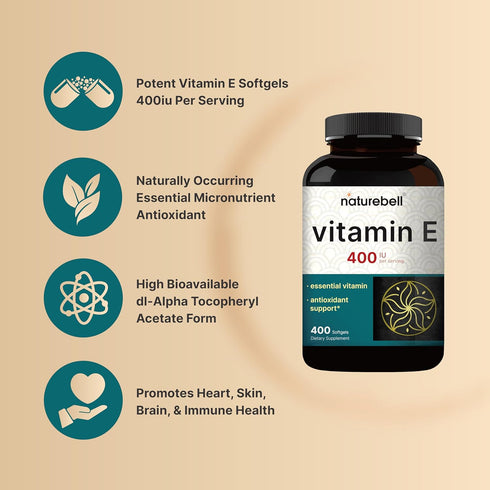 NatureBell Vitamin E Oil Softgels, 400iu Per Serving, 400 Pills | Essential Antioxidant Supplements, Easily Absorbed Form – Supports Skin, Heart, ...