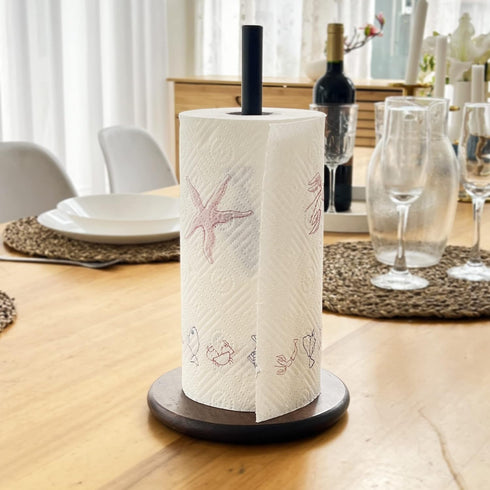 Black Paper Towel Holder Stand with Exquisite Wood Round Base, Niffgaff Free-Standing Paper Towel Roll Dispenser for Kitchen Countertop, Fits Stan...