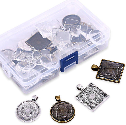 Glarks 48-Pieces Round and Square Pendant Trays with Glass Cabochon Dome Tiles Clear Cameo for Crafting DIY Jewelry Making, 24 Sets...