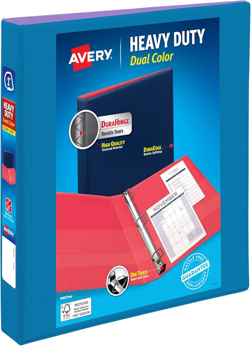 Avery Dual Color Heavy-Duty View Binder, Pool Blue/Lavender, 1" Slant Rings, Holds 250 Sheets (79899)...