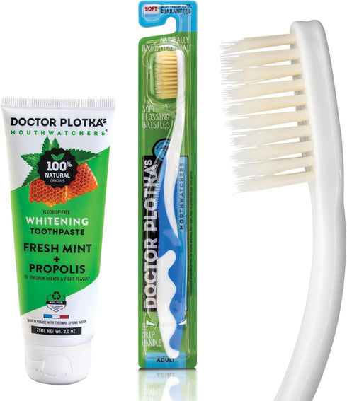 MOUTHWATCHERS Dr Plotkas Extra Soft Flossing Toothbrush and Whitening Toothpaste, Adult Manual Soft Toothbrush, Naturally Sourced Toothpaste, 1 To...
