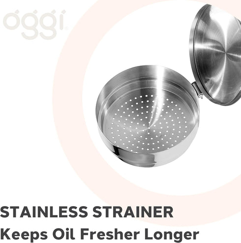 OGGI Stainless Steel Grease Container with Handle, Removable Strainer and Flip Top Lid. Perfect container for fryer oil, bacon drippings, lard and...