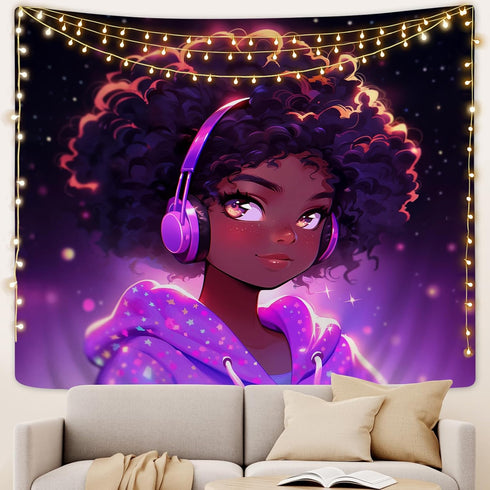 SARA NELL Tapestry Black Girl African American Girl Love Music Tapestries Hippie Art Wall Hanging Throw Tablecloth 50X60 Inches for Bedroom Living...