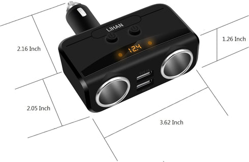LIHAN 2 Socket Cigarette Lighter Adapter, Car Charger Plug Splitter with Dual USB Ports, 12V/24V Meter Monitor, Compatible with iPhone, LG, HTC, S...