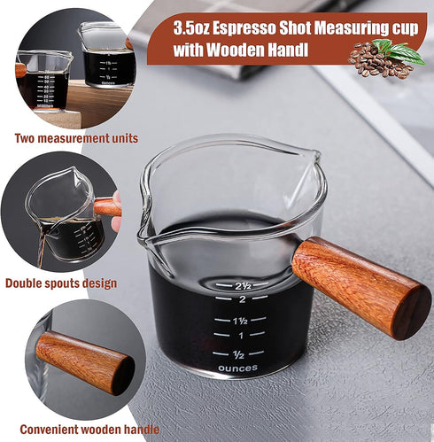 Double Spouts Measuring Cup with Wooden Handle Heat-Resistant Espresso Shot Glasses 3.5oz Mini Sauce Pitcher for Milk Coffee Tea Wine Cocktail...