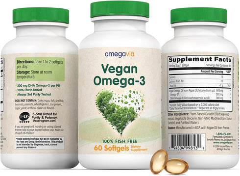 OmegaVia Vegan Omega 3 Supplement, 60 Softgels, Algae Omega 3 Fish Oil Alternative, 300mg Vegan DHA Omega-3 Fatty Acids, Plant Based, Planet and O...