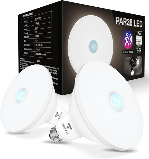 Torkase PAR38 Motion Sensor Flood Light Bulbs, Motion Activated Outdoor Lighting,200 Watt Equivalent(20W) 2000LM, 3000K Warm White,LED Flood Light...